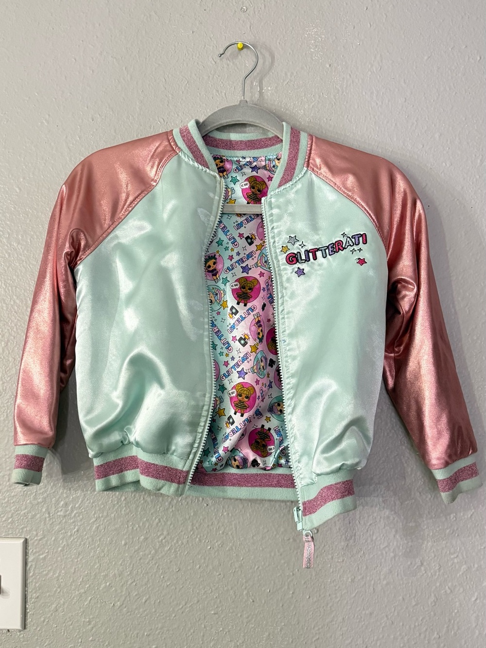 Glitterati Mint & Pink Metallic Bomber Jacket